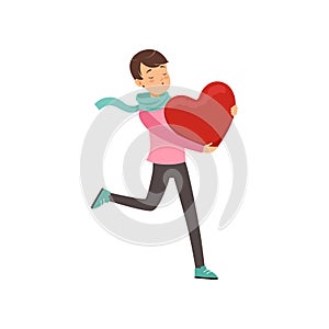 Happy teen boy walking with red heart, Happy Valentines Day concept, love and relationships vector Illustration