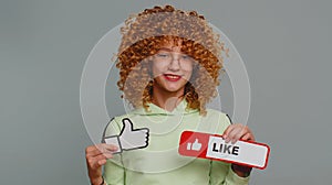 Happy teen child girl kid showing thumbs up, like sign banner social media logo, positive feedback