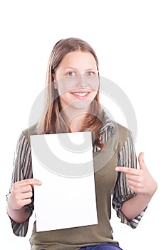 Happy teen girl with blank card
