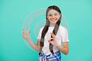 happy teen girl drink glass of water to keep daily water balance show ok gesture, drink water.