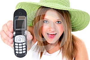 Happy Teen Girl In Green Hat With Cellphone