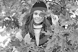 happy teen girl in hat with autumn colorful oak tree leaves, fall