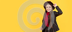 happy teen girl in hat and leather jacket, cool. Child face, horizontal poster, teenager girl isolated portrait, banner