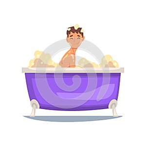 Happy Teen Taking Bath, Male Character Relaxing in Bathtub Full of Foam Vector Illustration