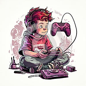 Happy teenage boy playing console, generative AI.