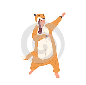 Happy teenage girl cartoon character wearing fox kigurumi pajamas dancing having fun on white