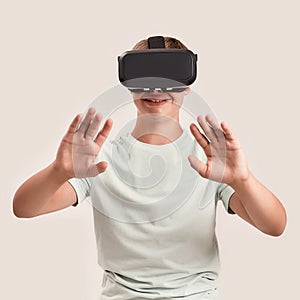 Happy teenaged boy with Down syndrome wearing VR glasses. Special child making gestures while experiencing virtual