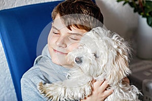 Happy teenager boy and cute maltese puppy together. Handsome child holding his dog at home, hugging. Pet love, family