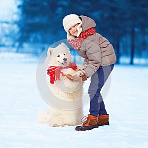 Happy teenager boy playing with white Samoyed dog in winter day, positive dog gives paw