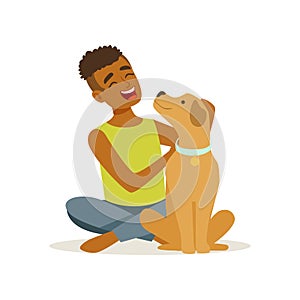 Happy teenager boy stroking friendly brown puppy. Cheerful child character sitting near his pet dog. Domestic animal
