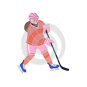 Happy teenager girl playing ice hockey game