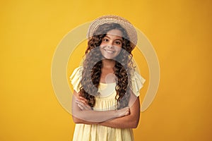 Happy teenager, positive and smiling emotions of teen girl. Portrait of caucasian teen girl with arms folded, isolated