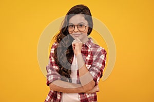 Happy teenager, positive and smiling emotions of teen girl. Pretty teenage girl in studio. Child girl portrait.