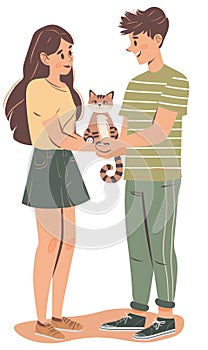 Happy teenagers hold a cat. Isolated on white background. Vertical banner for animal shelters. Flat Illustration