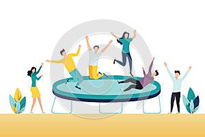 Happy Teens Jumping on Trampoline, Friends Cheering. Young People Having Fun Jump and Bouncing, Spare Time, Activity, Amusement