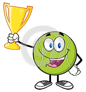 Happy Tennis Ball Cartoon Character Holding A Trophy Cup