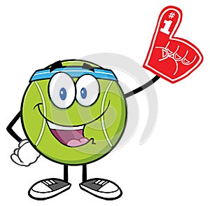 Happy Tennis Ball Cartoon Mascot Character Wearing A Foam Finger