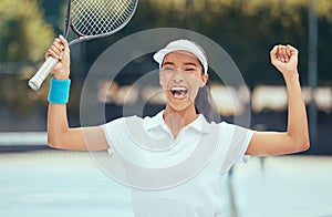 Happy tennis black woman success celebration winner for winning training match or game achievement on tennis court