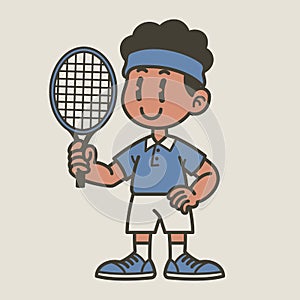 Happy Tennis Player Cartoon in Vintage Retro Style