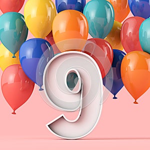 Happy 9th birthday background with colourful balloons. 3D Rendering