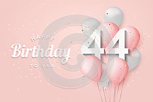 Happy 44th birthday balloons greeting card background.