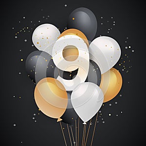 Happy 9th birthday balloons greeting card background.