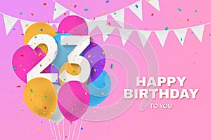 Happy 23th birthday balloons greeting card background. photo