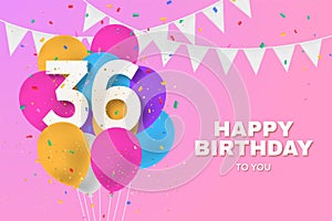 Happy 36th birthday balloons greeting card background.