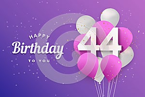 Happy 44th birthday balloons greeting card background.