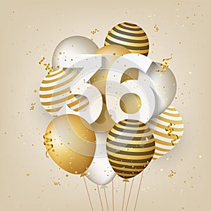 Happy 36th birthday with gold balloons greeting card background.