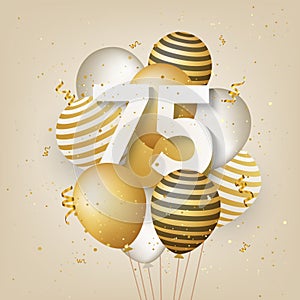 Happy 75th birthday with gold balloons greeting card background. photo