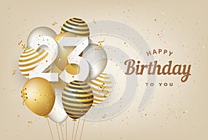 Happy 23th birthday with gold balloons greeting card background. photo