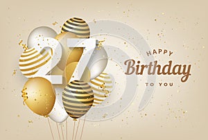 Happy 27th birthday with gold balloons greeting card background. photo