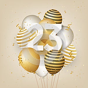 Happy 23th birthday with gold balloons greeting card background. photo