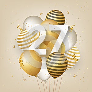Happy 27th birthday with gold balloons greeting card background. photo