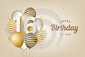 Happy 16th birthday with gold balloons greeting card background.