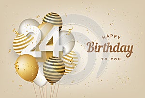 Happy 24th birthday with gold balloons greeting card background.