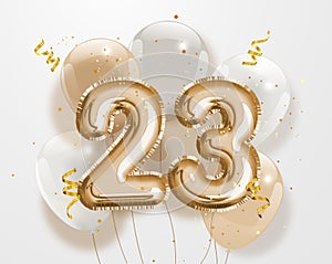 Happy 23th birthday gold foil balloon greeting background. photo