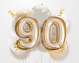 Happy 90th birthday gold foil balloon greeting background. photo