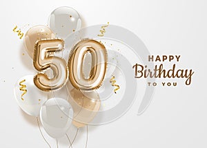 Happy 50th birthday gold foil balloon greeting background. photo