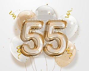 Happy 55th birthday gold foil balloon greeting background. photo