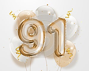 Happy 91th birthday gold foil balloon greeting background. photo