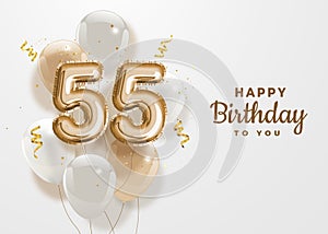 Happy 55th birthday gold foil balloon greeting background. photo