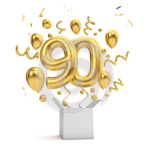 Happy 90th birthday gold surprise balloon and box. 3D Rendering photo