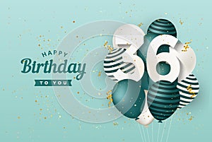 Happy 36th birthday with green balloons greeting card background.