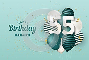 Happy 55th birthday with green balloons greeting card background. photo