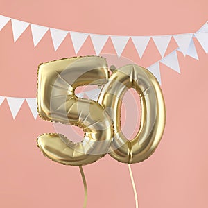 Happy 50th birthday party celebration gold balloon and bunting. 3D Render