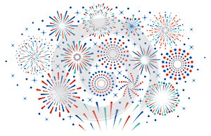 Happy 4th July fireworks. Celebration firework explode, carnival party firecracker explosions. Colorful festival