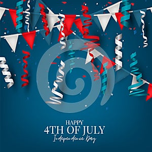 Happy 4th of July Independence day celebration banner. USA national holiday design concept with bunting flags.