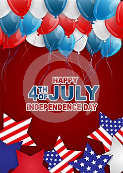 Happy 4th of July poster or flyer. United States Independence Day national holiday. Stars with flag design and balloons.